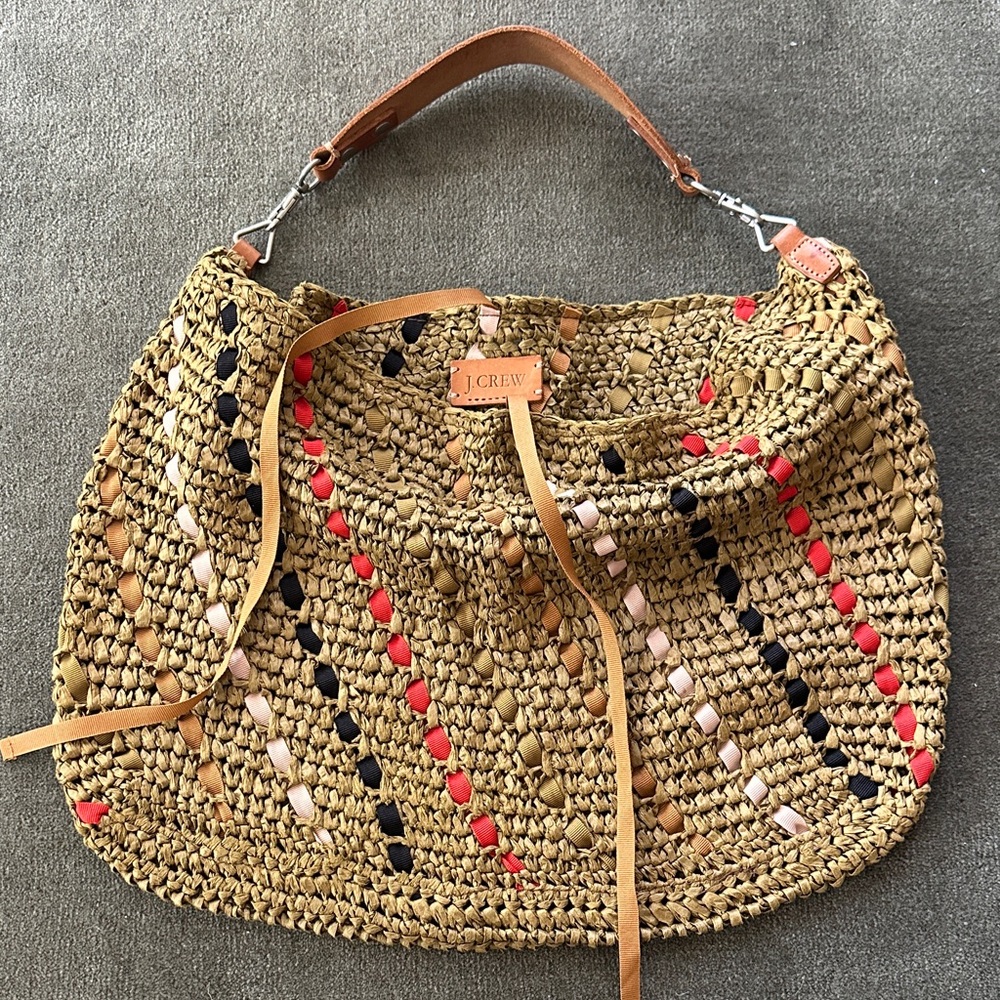 J. Crew Woven Straw Ribbon Shoulder Bag - Tan, Red, Black